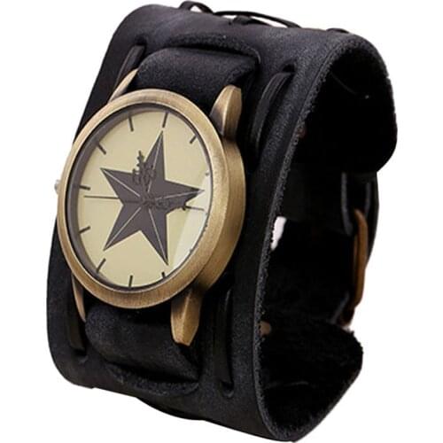 Retro Watch relogio masculino Trendy Star Pattern Dial Quartz Wristwatch Punk Rock Brown Big Wide Leather Bracelet Cuff For Men