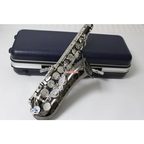 Black Nickel Body and Silver Keys Tenor Saxophone Sax Bb key High F Key,Black Pearl Buttons with ABS Case