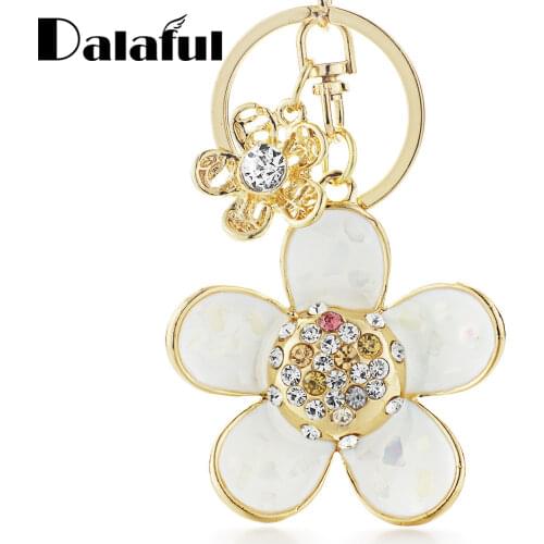 Dalaful Novelty Shell Petals Daisy Double Flower Floral Crystal Rhinestone Keyrings Key Chains Holder Women Keychains K245