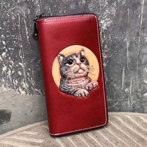 Handmade Ladies Lovely Cat Wallets Purses Women Long Clutch Vegetable Tanned Leather Wallet Card Holder Birthday Present