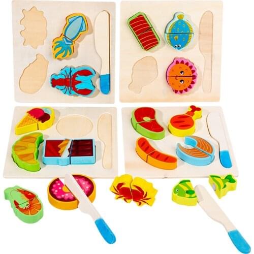 Montessori Wooden Cuting Beaded Puzzle Toy Children Early Education Cut Fruits Vegetables Traffic 3D Puzzle Beads Play House Toy