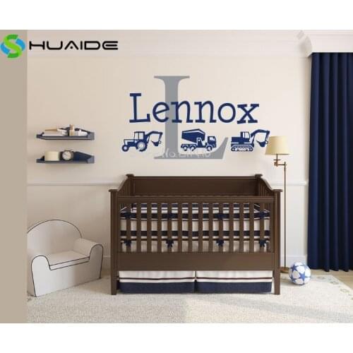 Personalised Boys Name Wall Stickers Home Decor Custom Trucks and Bulldozers Monogram Baby Wall Decal Mural A523