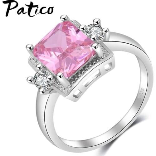 Lovely 925 Sterling Silver Wedding Band Rings for Women Girls Pink Austrian Crystal Sqaure Cubic Zircon Gift Jewelry