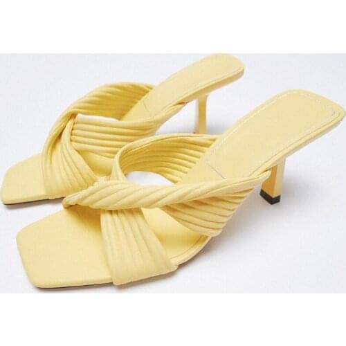 LMCAVASUN Summer square toe wrinkle women slides casual thin heel casual women sandals