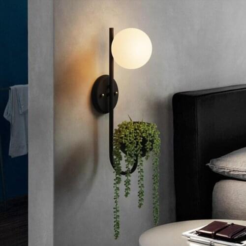 New Designer Retro BedroomGlass Ball Plant LED Wall Lamp Nordic Bedside Restaurant Mirror Wall Lighting Fixtures E27