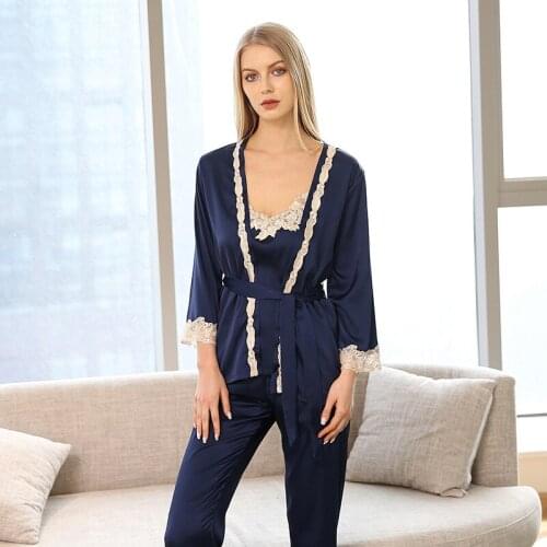 New Women Luxury Pajama Sets Fashion 3 Pcs Pajama Long Pants Set Female Pijamas Silk Home Suit Sexy Robe Set Soft Nightwear 2019