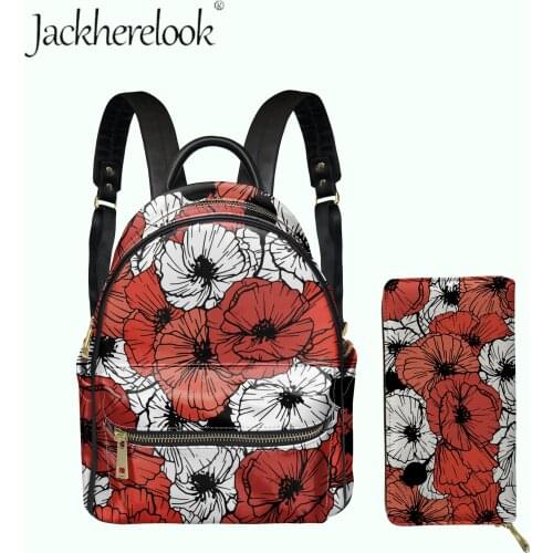 Hibiscus Flowers Design Womens Elegant Double Shoulders Bag Luxuey 2pcs/Set Pu Leather Backpack with Card Holder Wallet Femme