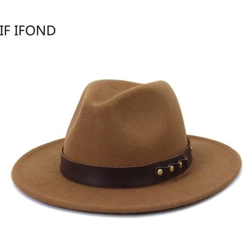Black Khaki Womens Simple Felt Fedoras Hat 2021 NEW Wide Brim Panama Caps Church Derby Top Jazz Caps With Chain Belt