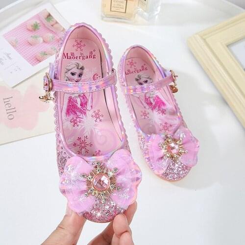 Disney Spring Summer New Frozen Leather Shoes Crystal Bow Sequin Childrens casual shoes Princess elsa Crystal sandals