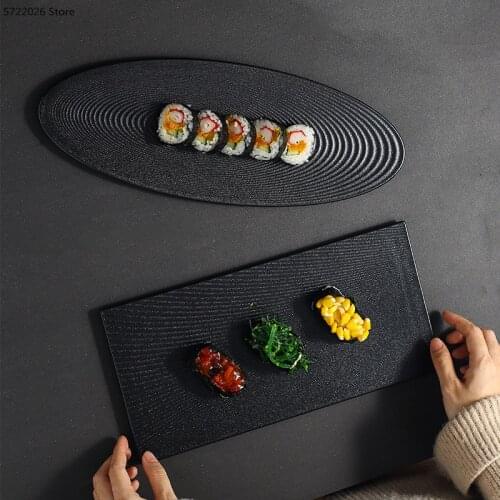 Creative Black Frosted Plate Japanese Tableware Sushi Plate Oval Stripe Plate Home Dining Plate Commercial Restaurant Flat Tray