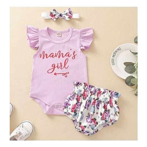 2021 Spring Newborn Baby Girls 3-piece Outfit Set Fly Sleeve Letter Print Romper+Shorts+Headband Set