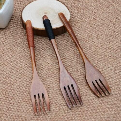 YUJIE Handmade Wrapping Handle Wooden Fruit Forks 4-Tooth Dessert Natural Wood Dinner Fork Party Gift Kitchen Accessories #C01