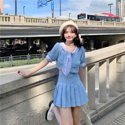 Japanese Sailor Collar Bow Puff Sleeve Top Kawaii Mini Pleated Skirt Two-Piece Suit Vintage Preppy Style Sweet Soft Girl Jk Suit