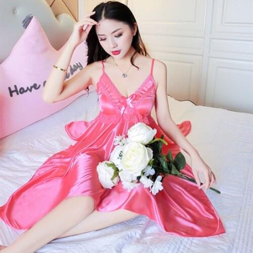 Deep V Neck Women Satin Nightgown Sexy Lace Sleepwear Strap Spaghetti Ladies Silk Nightwear Sleep Wear Night Gown Lingerie Dress