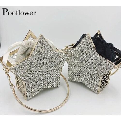 Pooflower Five-Pointed Star Shape Evening Bags for Women Diamond Hollow Out Handbag Wedding Party Crystal Clucth Purse ZH369