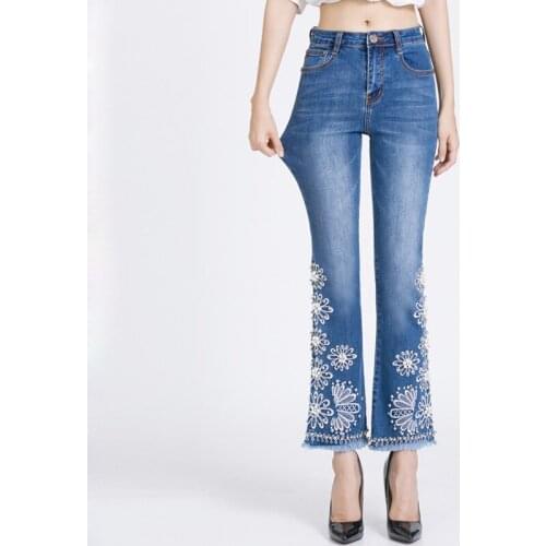 FERZIGE Brand 2019 Beading Embroidery Beautiful Flare Pants Women Casual Skinny Jeans Streetwear Plus Size Lady Blue Trousers