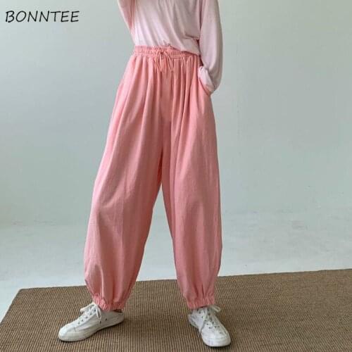 Harem Pants Women Ankle-Length Trouser Pink Stylish Lovely Jogger Pure Teens Simple Ins Oversize Lady Korean Style Elastic Waist