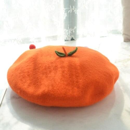 Women Kids Winter Faux Wool Stretchy Beret Cap with Cute Green Leaves Japanese Kawaii Cartoon Orange Fruit Painter Hat