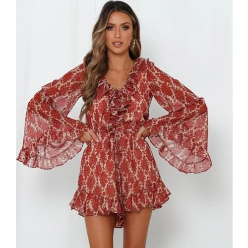 Jastie Ruffle V-Neck Flare Sleeve Boho Jumpsuit Women 2021 Summer Playsuit Chiffon Floral Print Casual Overalls for women Romper