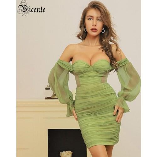 VC Ladies Dress Celebrity Party Cocktail Dress Draped Mesh Design Off-shoulder Green Dress
