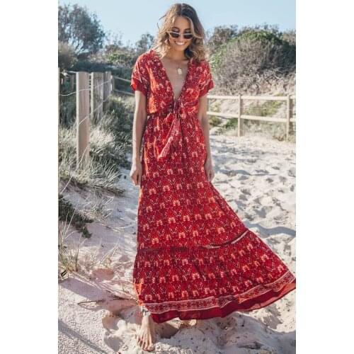 Floral print short sleeve beach long Bohemian women maxi dress Ladies sexy V neck bow Summer Boho dress