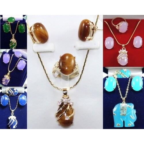6 color-tiger eye stone blue/red/pink/purple/green earring ring pendant set can choose