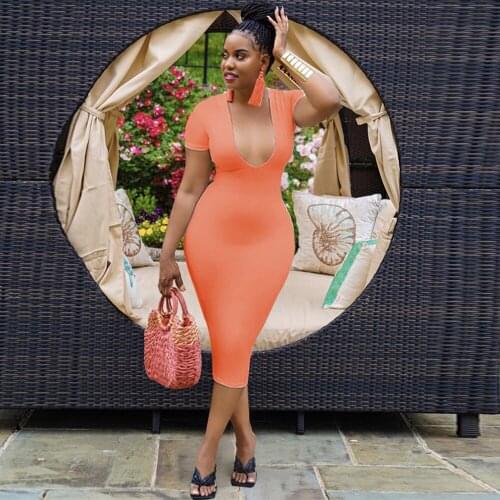 Personalized Low Neck Trend Solid Color Dress Womens Clothing Short Sleeve Calf Length Tight Dresses Female Bodycon Vestidos