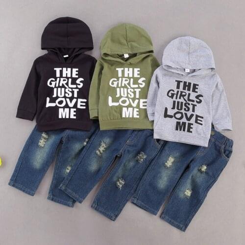 Boys Clothes Set New Kids Clothes Suit Children Clothes Letter Print Long Sleeve Hooded Sweatshirt Top+Ripped Jeans Pants