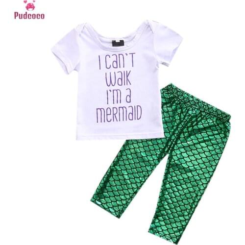 3PCS Set Newborn Baby Girls Mermaid Summer Clothes Set Short Sleeve Letter Printed T-shirt+Green Pant Legging Outfits