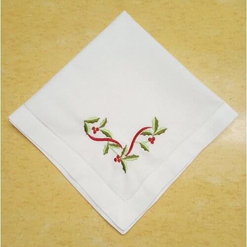 Set of 12 Christmas Dinner Napkins White Hemstitched linen Table Napkin with Color Embroidered Floral Tea Napkins 20X20"/22X22"