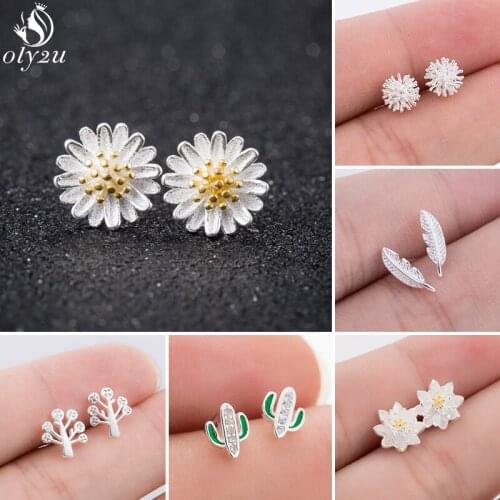 Genuine 925 Sterling Silver Earring for Women Kids Boho Plant Flower Leaf Earings Cute Crystal Cactus Small Studs S925 Gifts
