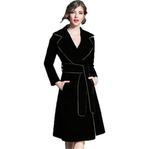 2021 New Arrivals Womens Windbreaker Black Gold Velvet Spring Autumn Female Trench Coats Belt Overcoats Trendy Quality Outwear