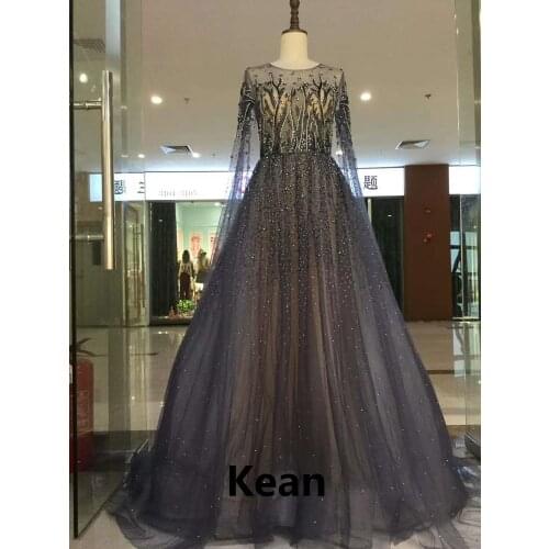 Real picture Gray Illusion Evening Dress Full Sleeves Scoop Vestidos De Festa Cap Sleeve Prom Dresses Party Evening Dress