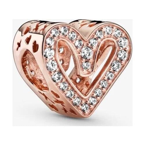 Rose Gold Sparkling Freehand Heart Charms 925 Original Fit Pandora Me Bracelets Sterling Silver Charm Beads for Jewelry Making