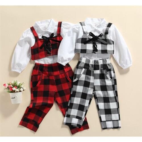 Infant Kids Baby Girls Long Sleeve Shirt Plaid Vest Pants Spring Autumn Clothes 1-6T 3Pcs Outfits