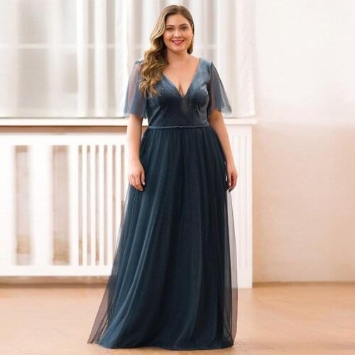 Deep V-Neck Evening Dress New Pleat Tulle Backless Short Sleeves A-Line Fashion Floor-Length Plus Size Women Formal Gowns D937