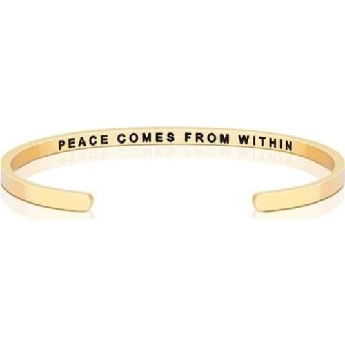 4mm PEACE COMES FROM WITHIN Yellow Gold Inspirational Bracelet for Women Mom Her Personalized Gift Engraved Mantra Cuff Bangle