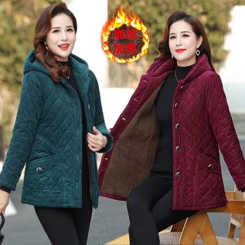 Winter Jacket Middle-aged Mother Corduroy Cotton Hooded Parka Coat Warm Loose Outwear Plus velvet Thick Female Jackets Plus size