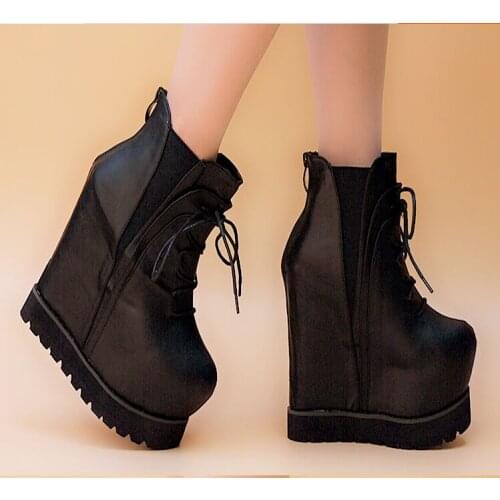 2021 Spring Wedges Ankle Booties Black Leather Rubber Sole Shoes Platform Boots Women Lacing Autumn Platform Heels Shoes 15cm