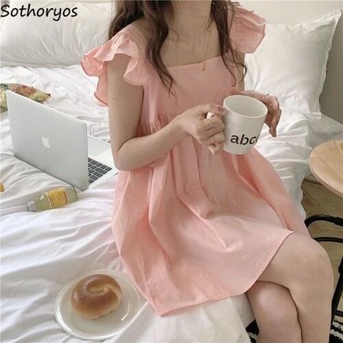 Women Mini Sleepshirts Ruffles Pink Sweet Girls Loose Solid Sleeveless Females Nightgowns Teenagers Hipster Korean Style Popular