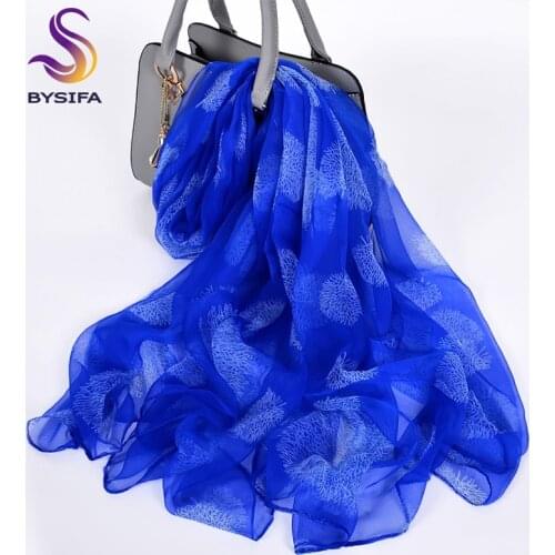 [BYSIFA] Women Blue Silk Scarf Shawl New Brand Long Satin Silk Scarf 2019 Spring Autumn Fashion Scarves Ladies Neck Scarf Bufand