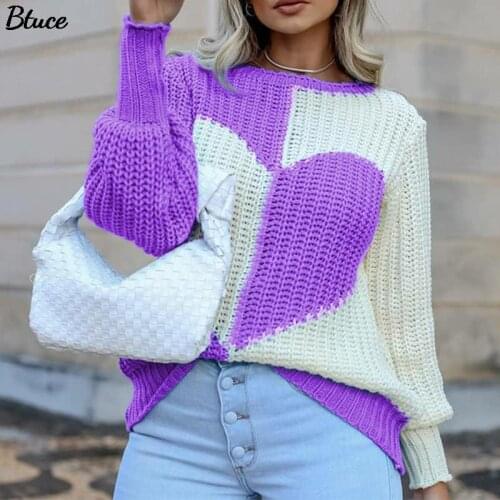 2021 Women O Neck Love Print Patchwork Knitted Sweaters Spring Autumn Elegant Lady Flare Sleeve Casual Loose Sweater Pullovers
