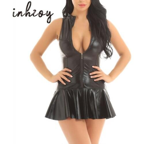 Womens PU Leather High Collar Wetlook Mini Dress Sexy Black Sleeveless Bodycon Dance Clubwear