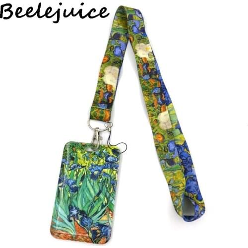 12sets Van gogh Oil Painting Irises Lanyard Card ID Holder Bag Student Women Travel Card Cover Badge Car Keychain Decoration Art