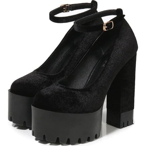 2020 new spring autumn casual 14.5CM Thick high-heeled shoes Waterproof sexy platform pumps Flock Buckle Round Toe woman shoes