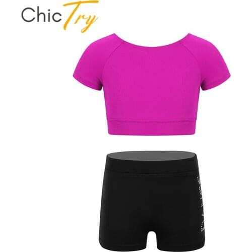 ChicTry Kids Gym Workout Tankini Outfit Crop Tops with Letters Printed Ballet Gymnastics Shorts Set Girls Two-piece Dance Wear