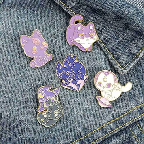 Purple Cat Enamel Pins Witch Hat And Crystal Moon Witchy Badges Magic Kitty Jewelry Brooches Cartoon Cute Gifts For Women