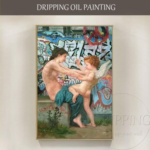 Pop Fine Art Skilled Artist Pure Hand-painted Street Style Nude Angel Oil Painting on Canvas Street Wall Art Angel Oil Painting