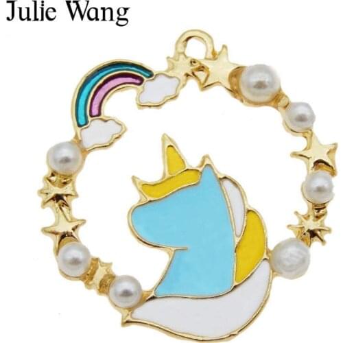Julie Wang 8PCS Enamel Rainbow Unicorn Gold Tone Charms Man-made Pearl Necklace Bracelet Earrings Jewelry Making Accessory