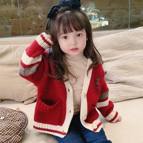 Girls' Knitted Cardigan 2021 Spring and Autumn New Childrens Autumn Jacket Baby V-neck Sweater Girl Foreign Style Jacket